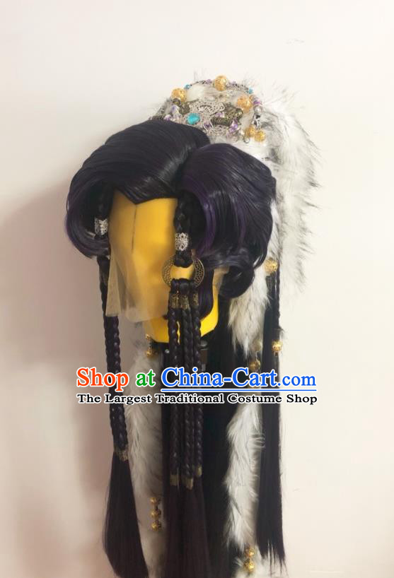 Handmade China Ancient Swordsman Hairpieces Cosplay Young Knight Purple Wigs and Hair Crown Traditional Puppet Show Wolf King Headdress