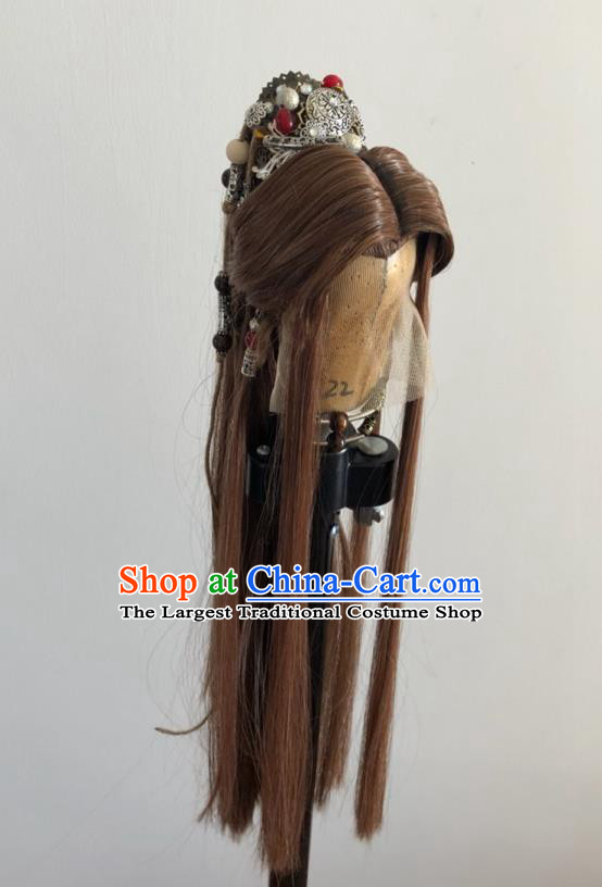 Handmade China Traditional Puppet Show Feng Xiaoyao Headdress Ancient Swordsman Hairpieces Cosplay Chivalrous Male Brown Wigs and Hair Crown