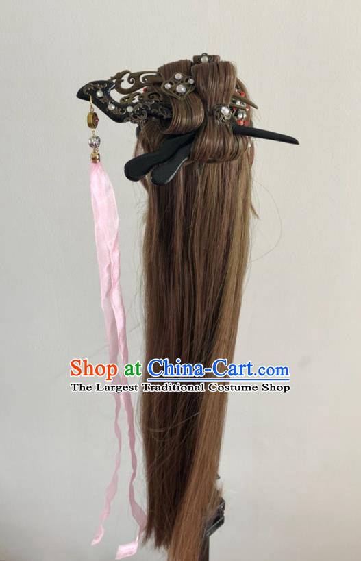 Chinese Traditional Puppet Show Han Yancui Hair Accessories Cosplay Swordswoman Brown Wigs and Hairpins Hairpieces Ancient Taoist Nun Headdress