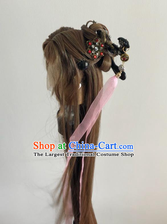 Chinese Traditional Puppet Show Han Yancui Hair Accessories Cosplay Swordswoman Brown Wigs and Hairpins Hairpieces Ancient Taoist Nun Headdress