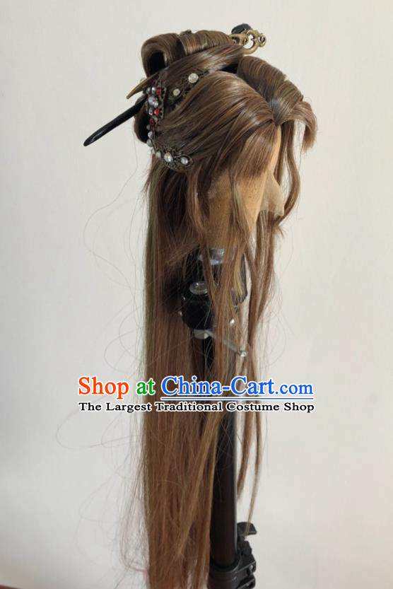 Chinese Traditional Puppet Show Han Yancui Hair Accessories Cosplay Swordswoman Brown Wigs and Hairpins Hairpieces Ancient Taoist Nun Headdress