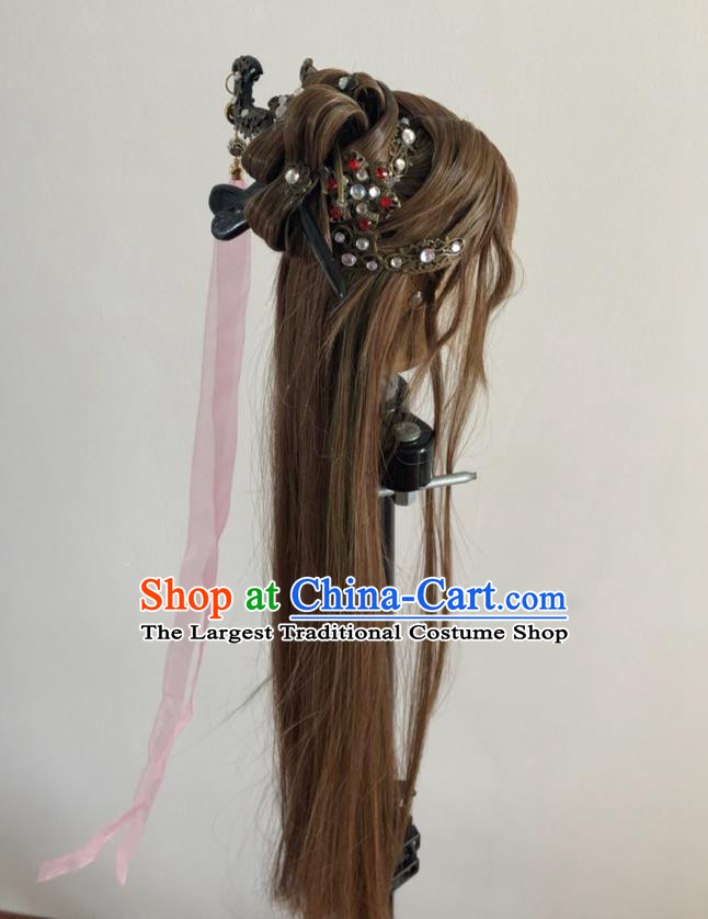 Chinese Traditional Puppet Show Han Yancui Hair Accessories Cosplay Swordswoman Brown Wigs and Hairpins Hairpieces Ancient Taoist Nun Headdress