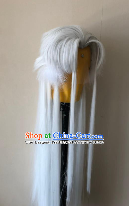Handmade China Ancient Taoist Priest Headdress Cosplay Knight Gray Wigs Traditional Puppet Show Chivalrous Male Hairpieces