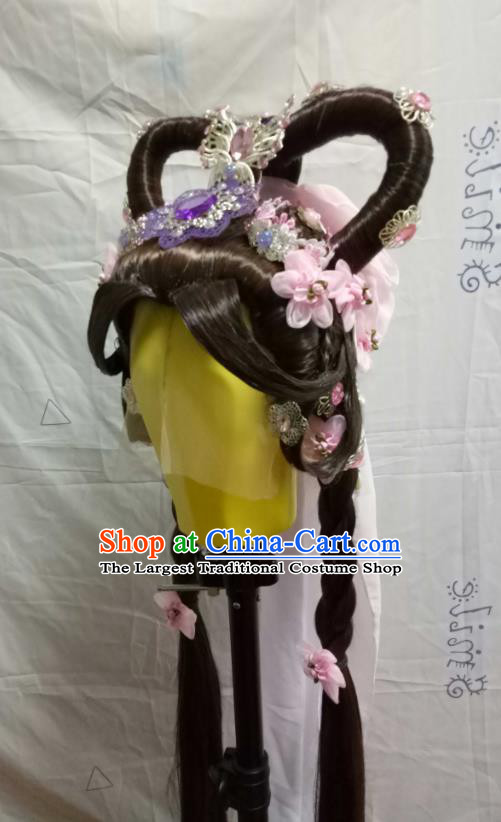 Chinese Traditional Puppet Show Swordswoman Yu Qinghuan Hair Accessories Cosplay Fairy Brown Wigs Chignon and Hairpieces Ancient Young Beauty Headdress