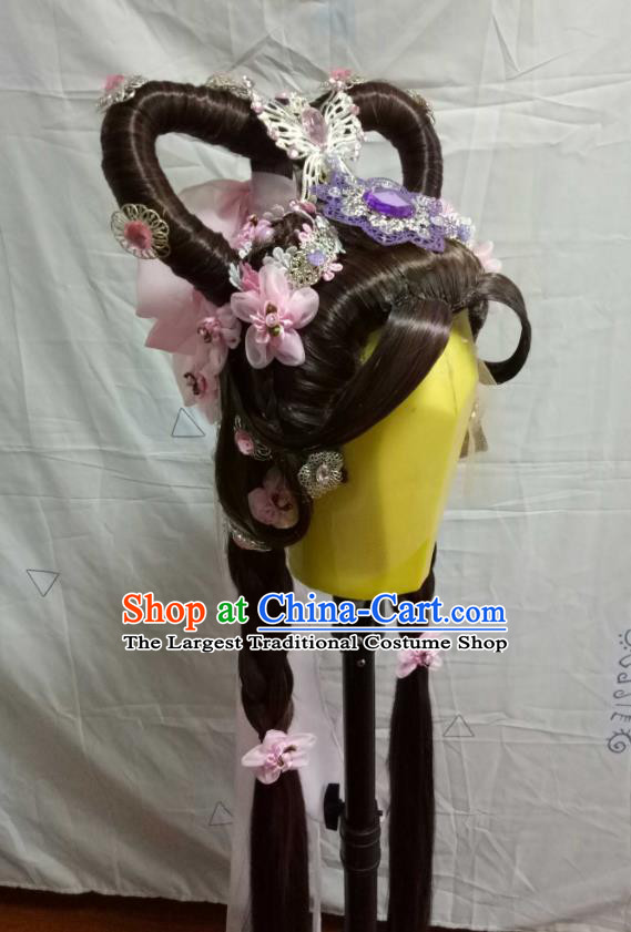 Chinese Traditional Puppet Show Swordswoman Yu Qinghuan Hair Accessories Cosplay Fairy Brown Wigs Chignon and Hairpieces Ancient Young Beauty Headdress