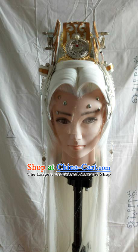 Handmade China Cosplay Elderly Hero White Wigs and Hair Crown Traditional Puppet Show Swordsman Hairpieces Ancient Taoist Priest Headdress