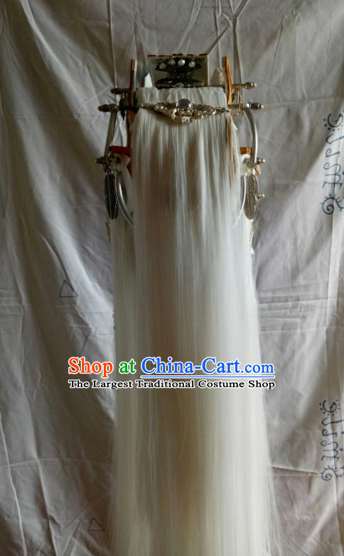 Handmade China Cosplay Elderly Hero White Wigs and Hair Crown Traditional Puppet Show Swordsman Hairpieces Ancient Taoist Priest Headdress
