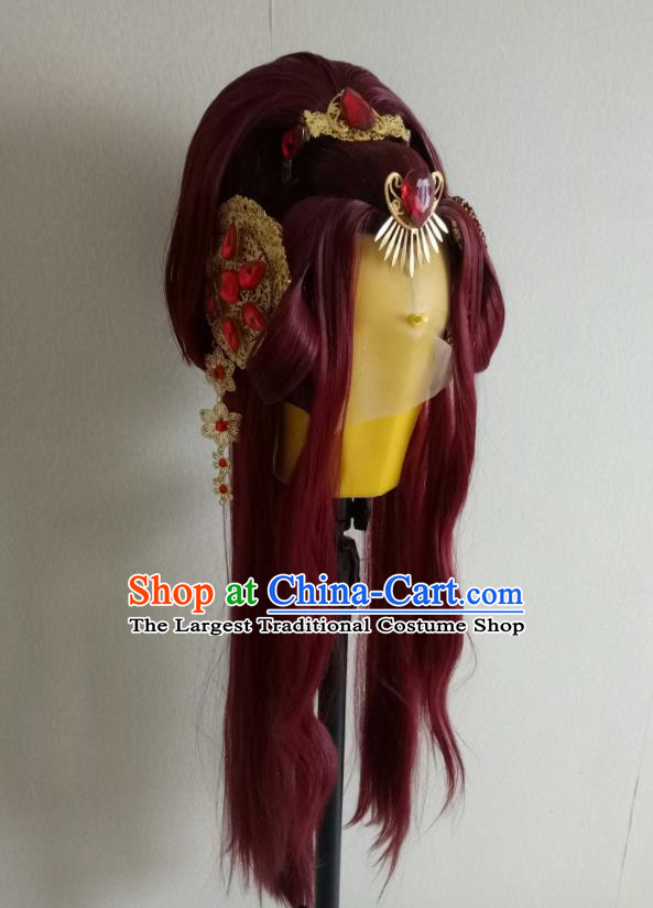 Chinese Ancient Young Beauty Headdress Traditional Puppet Show Goddess Hair Accessories Cosplay Queen Wine Red Wigs Chignon and Hairpieces
