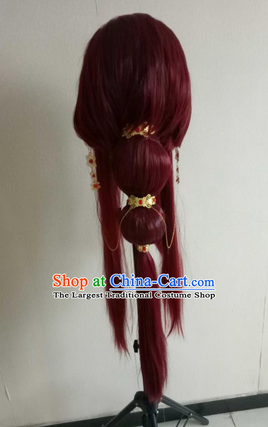 Chinese Ancient Young Beauty Headdress Traditional Puppet Show Goddess Hair Accessories Cosplay Queen Wine Red Wigs Chignon and Hairpieces