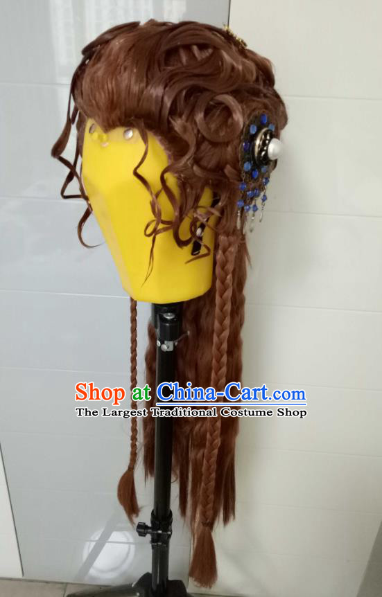 Chinese Cosplay Queen Brown Wigs Chignon and Hairpieces Ancient Imperial Concubine Headdress Traditional Puppet Show Young Beauty Hair Accessories