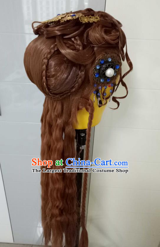 Chinese Cosplay Queen Brown Wigs Chignon and Hairpieces Ancient Imperial Concubine Headdress Traditional Puppet Show Young Beauty Hair Accessories
