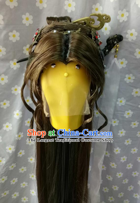 Chinese Traditional Puppet Show Cui Luohan Hair Accessories Cosplay Young Woman Brown Wigs Chignon and Hairpins Ancient Female Swordsman Headdress