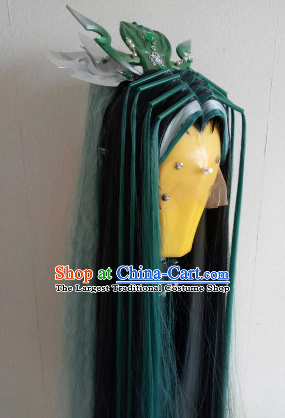 Handmade China Cosplay Dragon Prince Green Curly Wigs and Hair Crown Traditional Puppet Show Hairpieces Ancient Young Swordsman Headdress