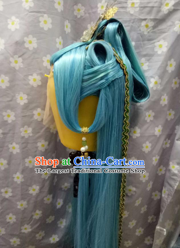 Handmade China Ancient Young Swordsman Headdress Cosplay Knight Blue Wigs and Hair Crown Traditional Puppet Show Cui Shanxing Hairpieces
