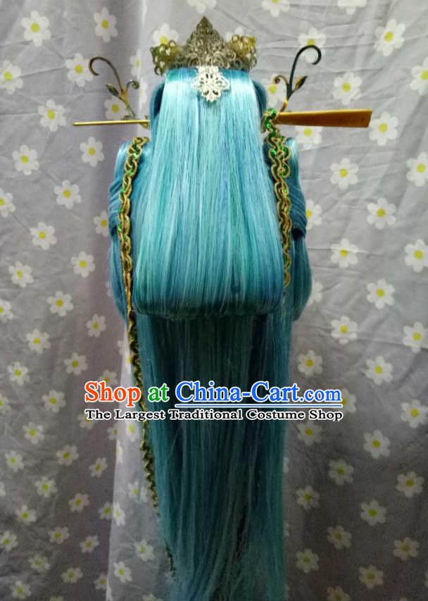 Handmade China Ancient Young Swordsman Headdress Cosplay Knight Blue Wigs and Hair Crown Traditional Puppet Show Cui Shanxing Hairpieces