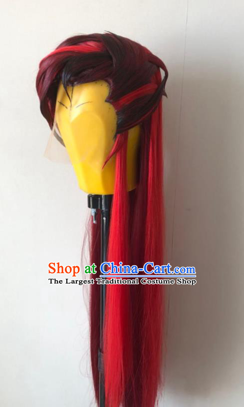Handmade China Cosplay Young Knight Red Wigs Traditional Puppet Show Wang Shier Hairpieces Ancient Chivalrous Swordsman Headdress