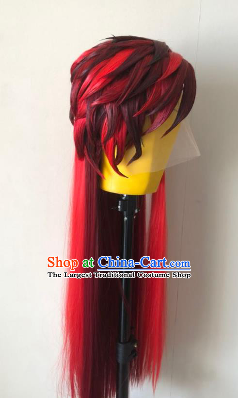 Handmade China Cosplay Young Knight Red Wigs Traditional Puppet Show Wang Shier Hairpieces Ancient Chivalrous Swordsman Headdress