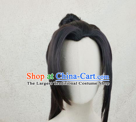 Handmade China Ancient Swordsman Headdress Cosplay Young Knight Black Ponytsil Wigs Traditional Qin Dynasty Young Man Hairpieces