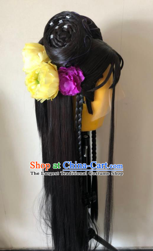Chinese Cosplay Fairy Black Wigs Chignon and Hairpieces Ancient Young Lady Headdress Traditional Puppet Show Swordswoman Fu Yueying Hair Accessories