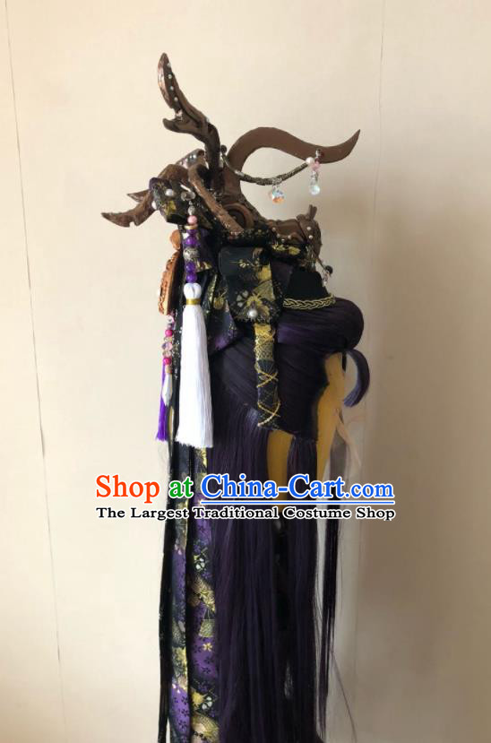 Handmade China Ancient Chivalrous Swordsman Headdress Cosplay Young Knight Purple Wigs Traditional Puppet Show Royal Prince Hairpieces