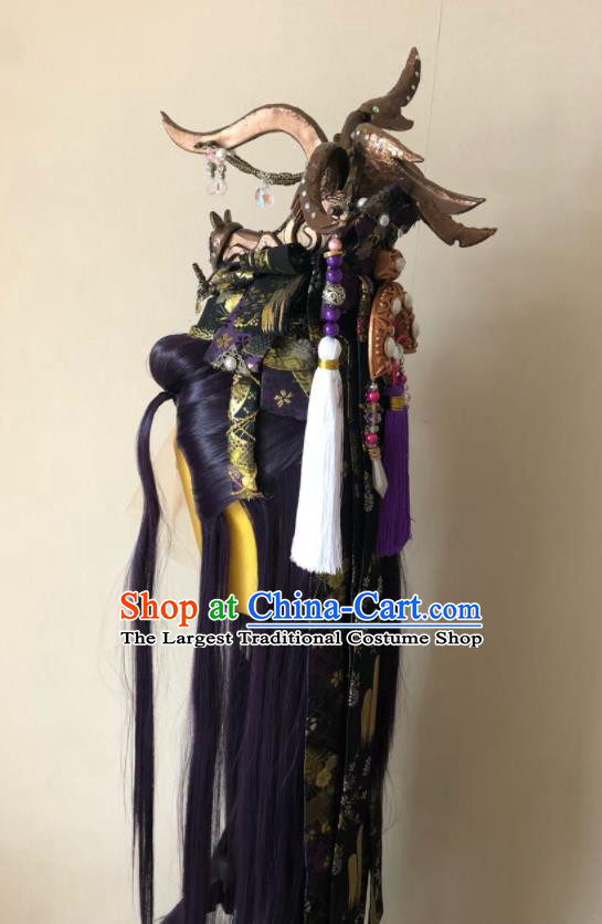 Handmade China Ancient Chivalrous Swordsman Headdress Cosplay Young Knight Purple Wigs Traditional Puppet Show Royal Prince Hairpieces