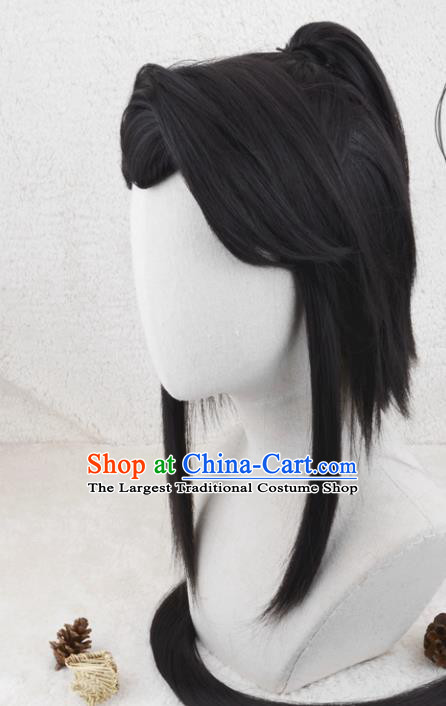 Handmade China Ancient Chivalrous Male Headdress Cosplay Swordsman Black Wigs Traditional Qin Dynasty Young Hero Hairpieces