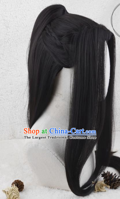 Handmade China Traditional Qin Dynasty Prince Hairpieces Ancient Noble Childe Headdress Cosplay Swordsman Black Wigs