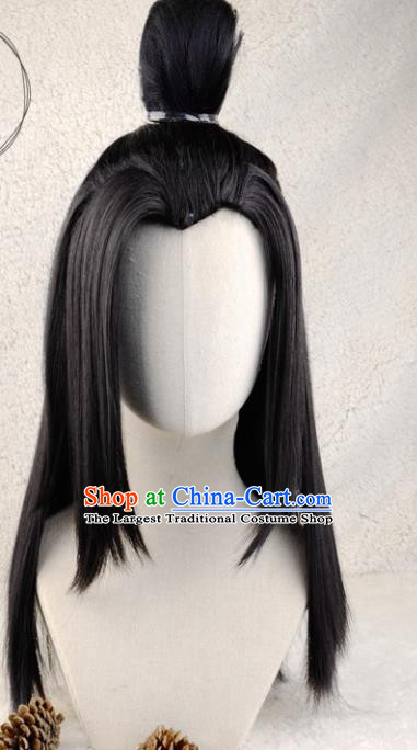 Handmade China Traditional Qin Dynasty Prince Hairpieces Ancient Swordsman Headdress Cosplay Young Knight Black Wigs