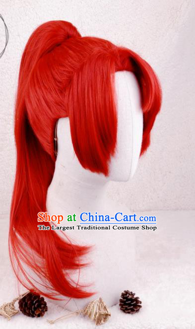 Handmade China Ancient Young Knight Headdress Cosplay Swordsman Red Ponytsil Wigs Traditional Qin Dynasty Kawaler Hairpieces