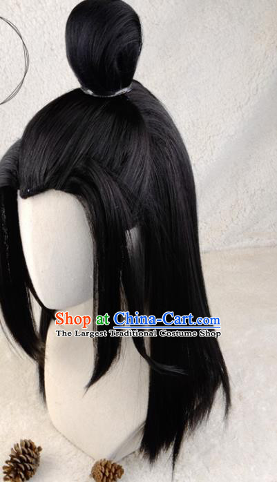 Handmade China Traditional Qin Dynasty Prince Hairpieces Ancient Swordsman Headdress Cosplay Young Knight Black Wigs