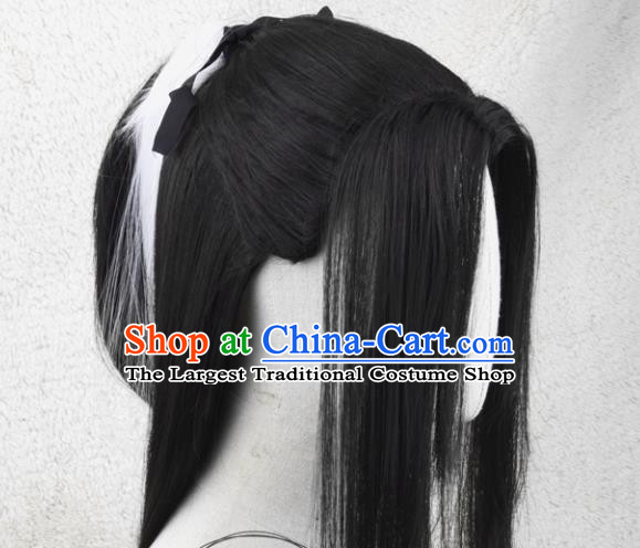 Handmade China Ancient Swordsman Headdress Cosplay Young Knight Black Wigs Traditional Qin Dynasty Chivalrous Male Hairpieces