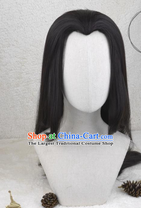 Handmade China Cosplay Swordsman Black Long Wigs Traditional Hanfu Young Childe Hairpieces Ancient Hero Headdress