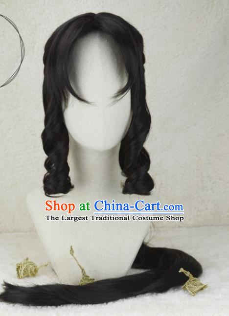 Chinese Ancient Young Lady Black Curly Wigs Headwear Traditional Court Beauty Hairpieces Cosplay Fairy Hair Accessories