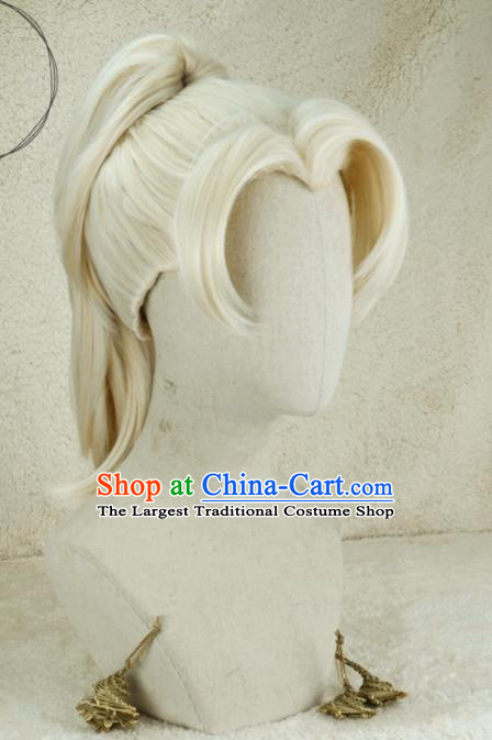 Handmade China Cosplay Swordsman Light Golden Wigs Traditional Hanfu Adults Hairpieces Ancient Young Hero Headdress