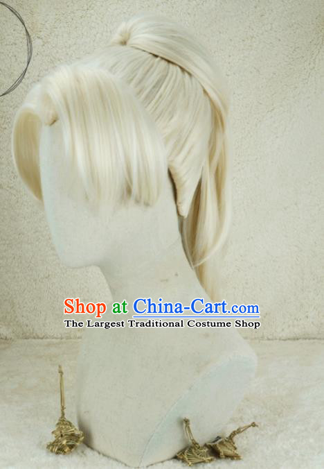 Handmade China Cosplay Swordsman Light Golden Wigs Traditional Hanfu Adults Hairpieces Ancient Young Hero Headdress