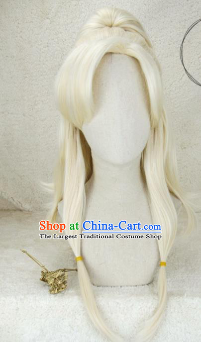 Chinese Cosplay Female Knight Hair Accessories Ancient Young Lady Light Golden Wigs Headwear Traditional Swordswoman Hairpieces