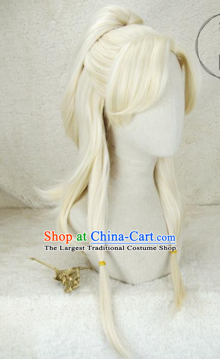 Chinese Cosplay Female Knight Hair Accessories Ancient Young Lady Light Golden Wigs Headwear Traditional Swordswoman Hairpieces