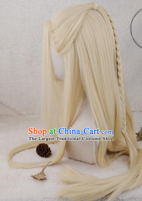Handmade China Cosplay Chivalrous Knight Golden Wigs Traditional Qin Dynasty Young Childe Hairpieces Ancient Swordsman Headdress
