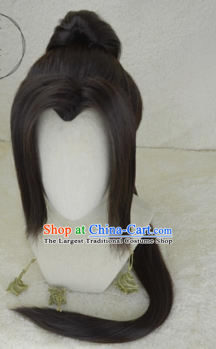 Handmade China Ancient Young Hero Headdress Cosplay Swordsman Black Wigs Traditional Hanfu Adults Taoist Hairpieces