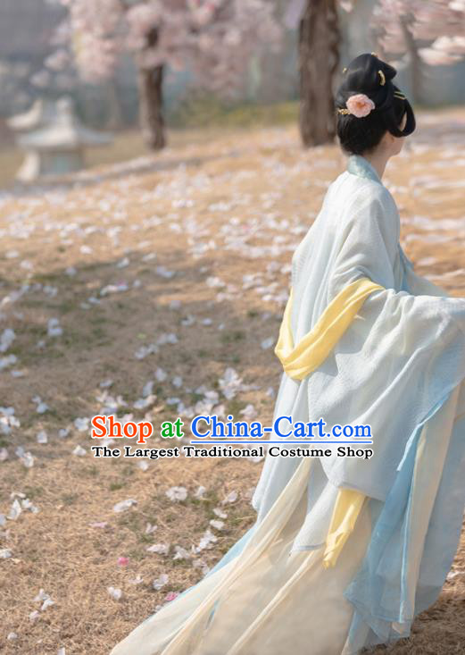China Traditional Tang Dynasty Imperial Concubine Historical Clothing Ancient Palace Beauty Blue Hanfu Dress Garment Costumes