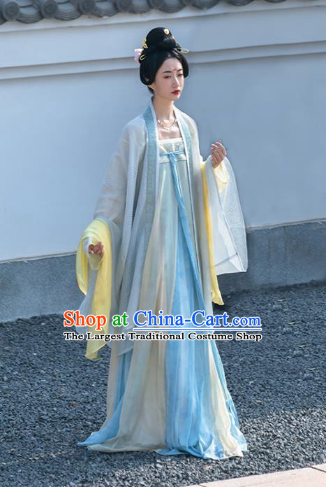 China Traditional Tang Dynasty Imperial Concubine Historical Clothing Ancient Palace Beauty Blue Hanfu Dress Garment Costumes