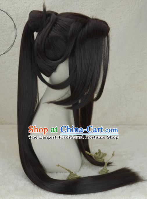 Handmade China Cosplay Swordsman Black Wigs Traditional Hanfu Chivalrous Male Hairpieces Ancient Young Knight Headdress