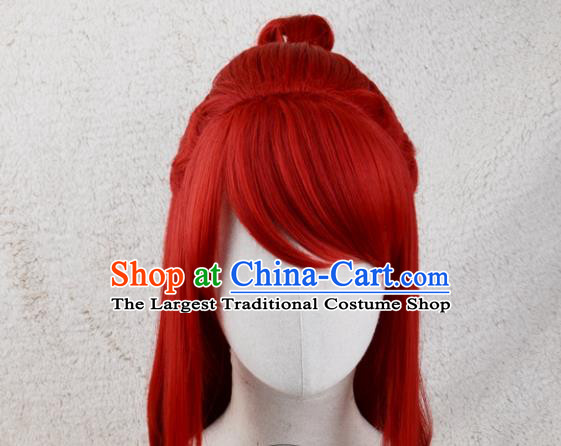 Handmade China Cosplay Swordsman Red Wigs Traditional Qin Dynasty Hero Hairpieces Ancient Young Knight Headdress