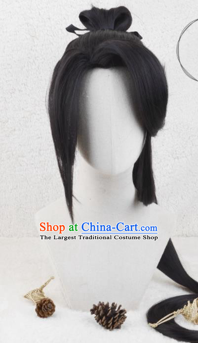 Handmade China Traditional Jin Dynasty Young Hero Hairpieces Ancient Knight Headdress Cosplay Swordsman Black Wigs