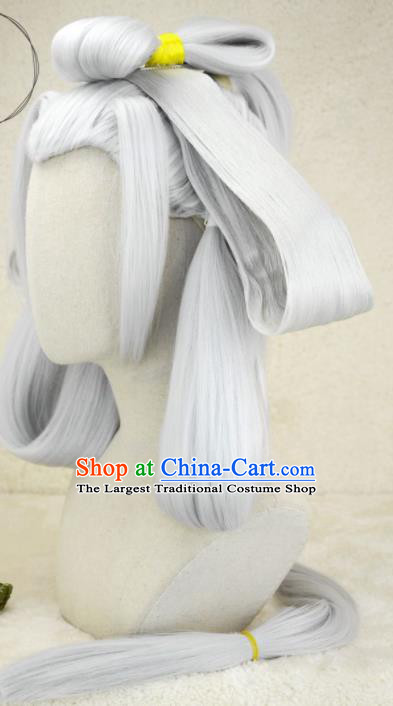 Chinese Ancient Young Lady Grey Wigs Headwear Traditional Swordswoman Hairpieces Cosplay Goddess Hair Accessories