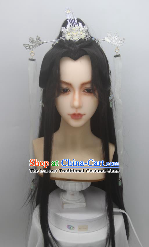 Handmade China Traditional Heaven Official Blessing Xie Lian Hairpieces Ancient Swordsman Headdress Cosplay Jin Dynasty Prince Black Wigs