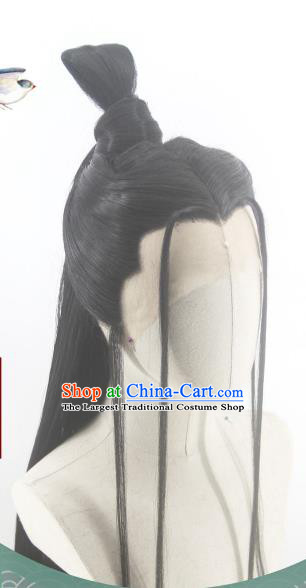 Handmade China Cosplay Young Childe Black Wigs Traditional Hanfu Knight Hairpieces Ancient Swordsman Headdress