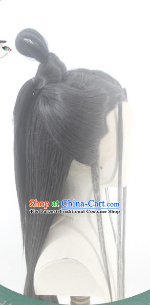 Handmade China Cosplay Young Childe Black Wigs Traditional Hanfu Knight Hairpieces Ancient Swordsman Headdress