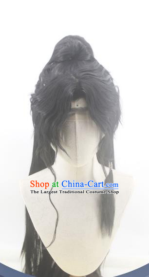 Handmade China Ancient Young Swordsman Headdress Cosplay Royal Prince Black Curly Wigs Traditional Hanfu Knight Hairpieces