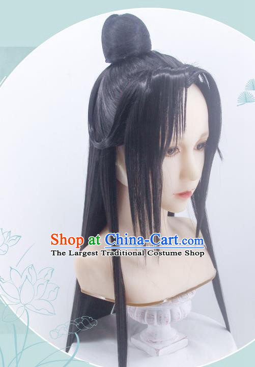 Handmade China Cosplay Swordsman Black Wigs Traditional Hanfu Hairpieces Ancient Taoist Priest Headdress